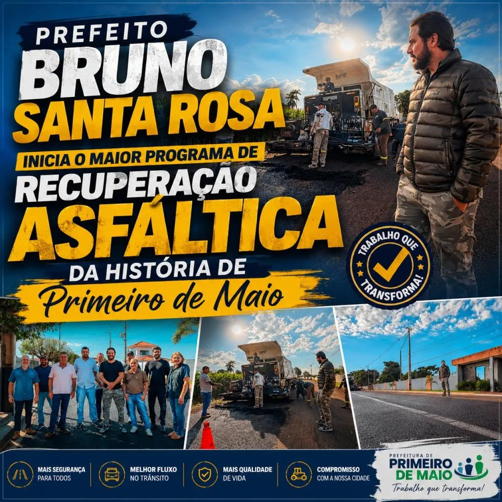 Bruno Santa Rosa dá início ao maior programa de recuperação asfáltica da história de Primeiro de Maio