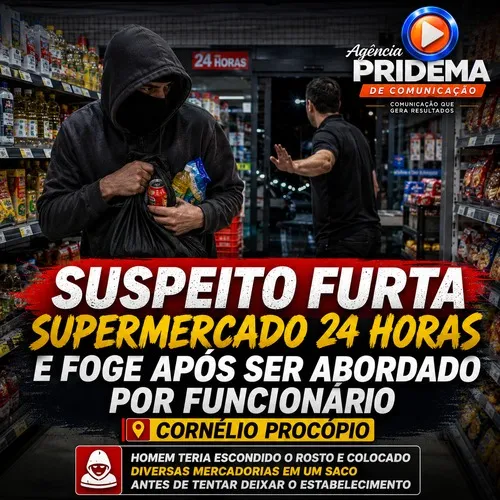 Suspeito furta supermercado 24 horas e foge após ser abordado por funcionário em Cornélio Procópio