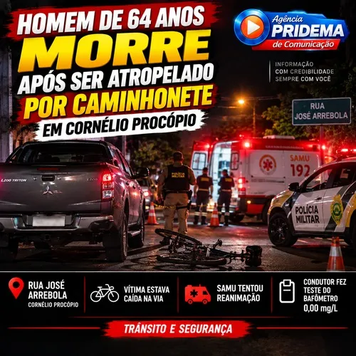Homem de 64 anos morre após ser atropelado por caminhonete em Cornélio Procópio