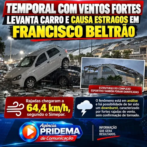 Temporal com ventos fortes levanta carro e causa estragos em Francisco Beltrão