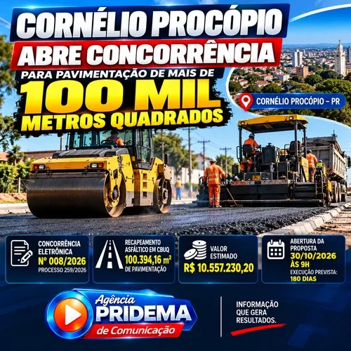 Cornélio Procópio abre concorrência para pavimentação de mais de 100 mil metros quadrados