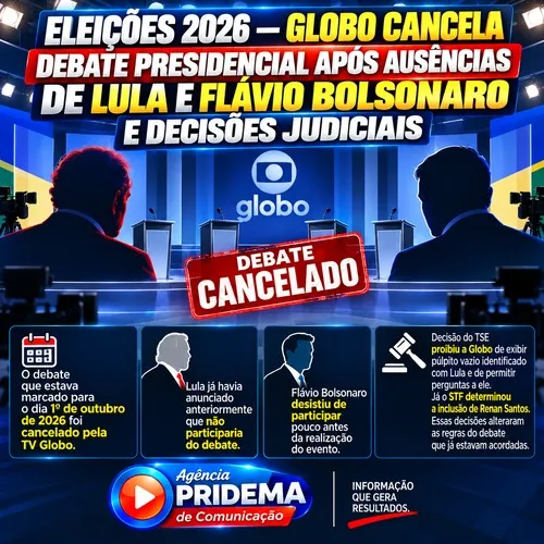ELEIÇÕES 2026 — GLOBO CANCELA DEBATE PRESIDENCIAL APÓS AUSÊNCIAS DE LULA E FLÁVIO BOLSONARO E DECISÕES JUDICIAIS